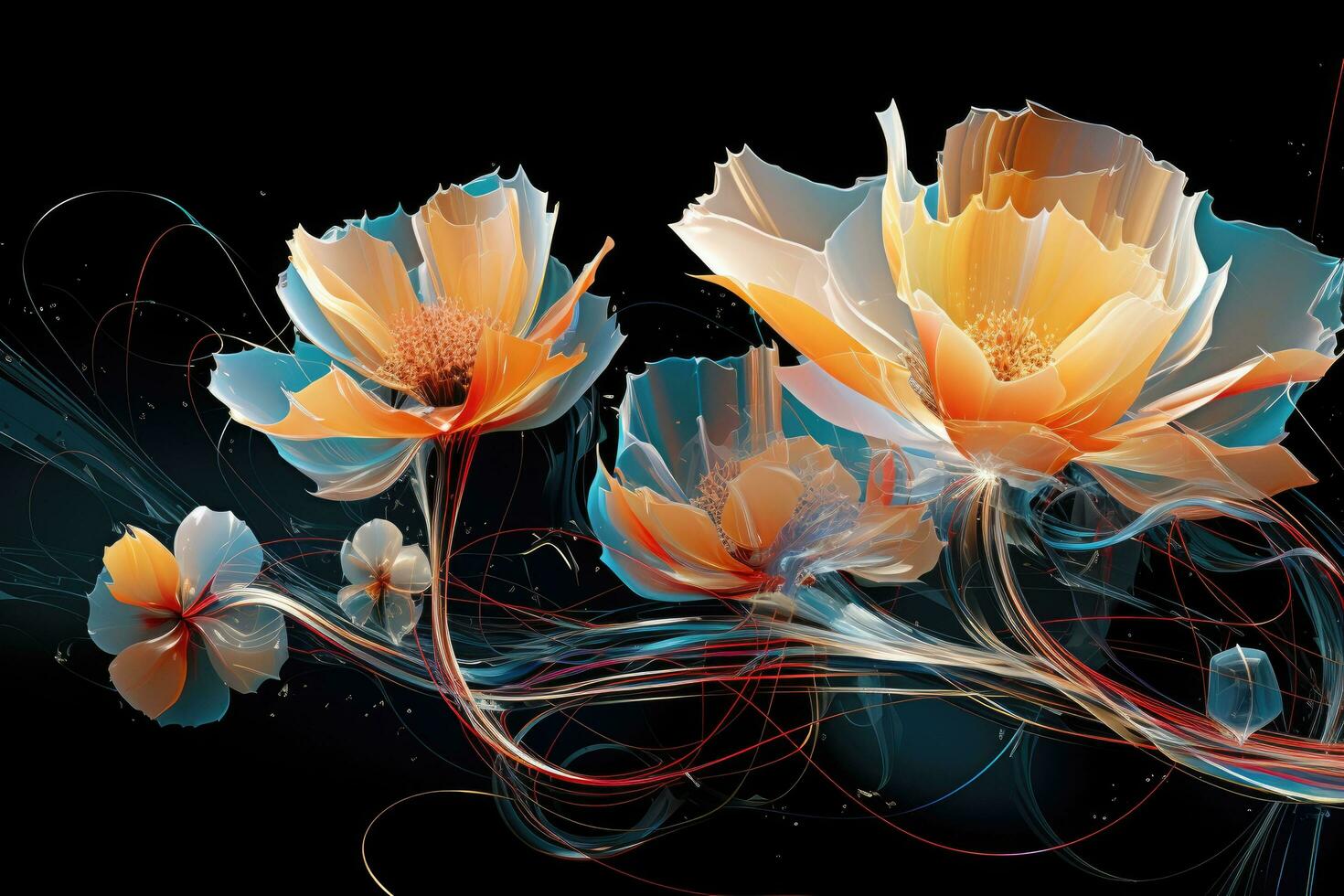 AI generated flowers on a black background, digital illustration, image contains transparency, Digital technology transparent colorful flowers in abstract graphics, AI Generated photo