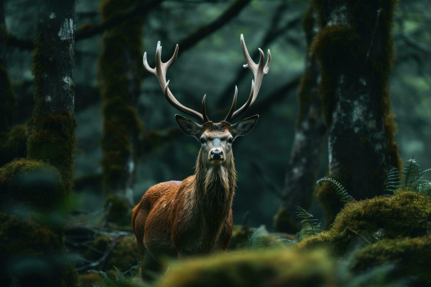 AI generated Red deer stag in forest during rutting season, UK, Deer in the wild HD 8K wallpaper stock photographic image, AI Generated photo