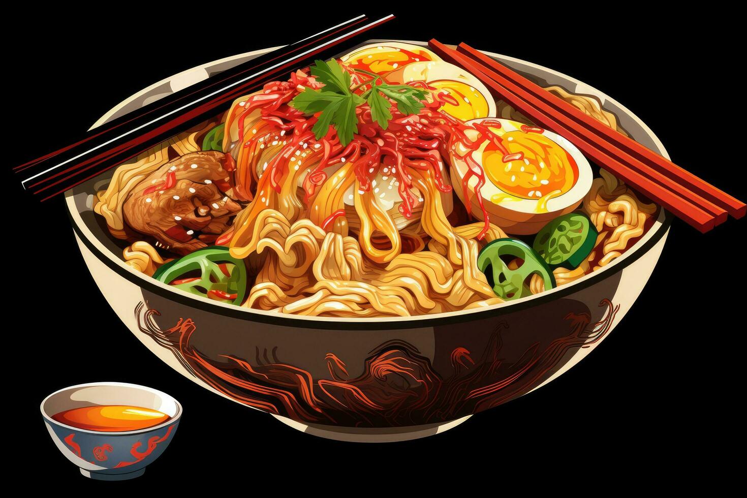 AI generated Illustration of japanese noodle ramen with egg and vegetables, Delicious bowl of ramen noodles, AI Generated photo