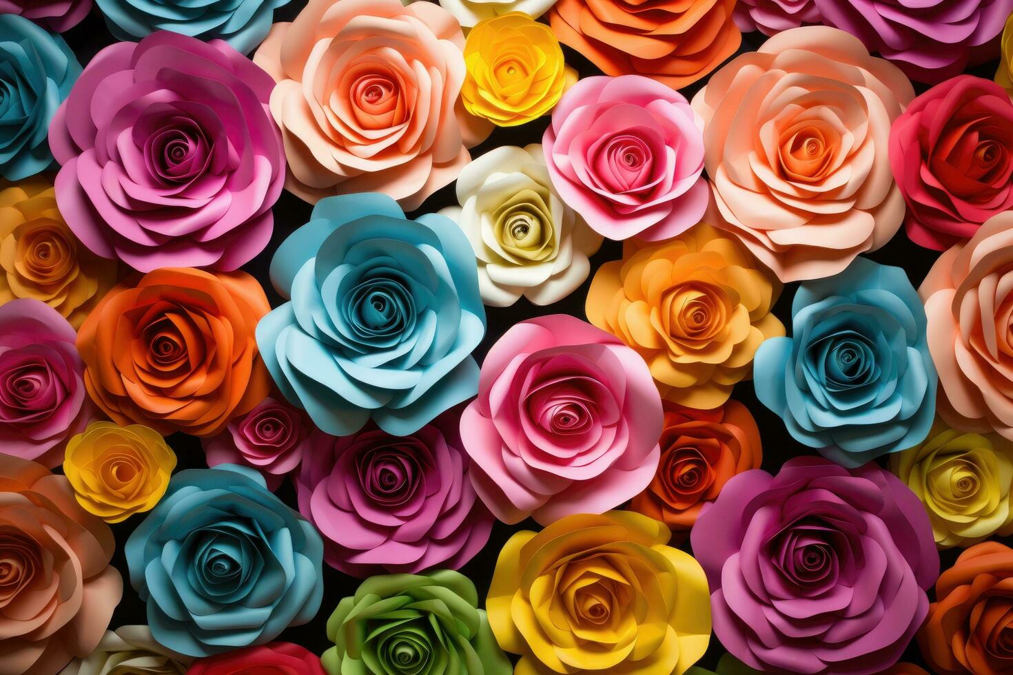 AI generated Colorful roses background. Top view. Flat lay. Close up, Create a backdrop of colorful paper roses, AI Generated photo