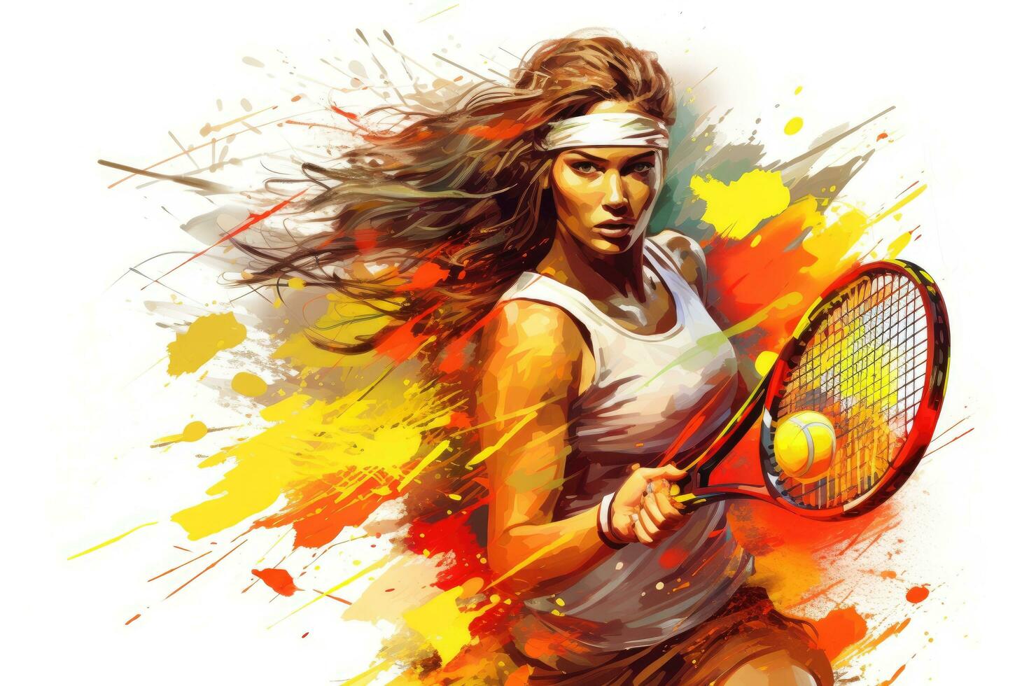 ai generado digital pintura de un tenis jugador en acción en un tenis corte, creativo ilustración de un joven atlético hembra tenis jugador jugando con su tenis raqueta, ai generado foto