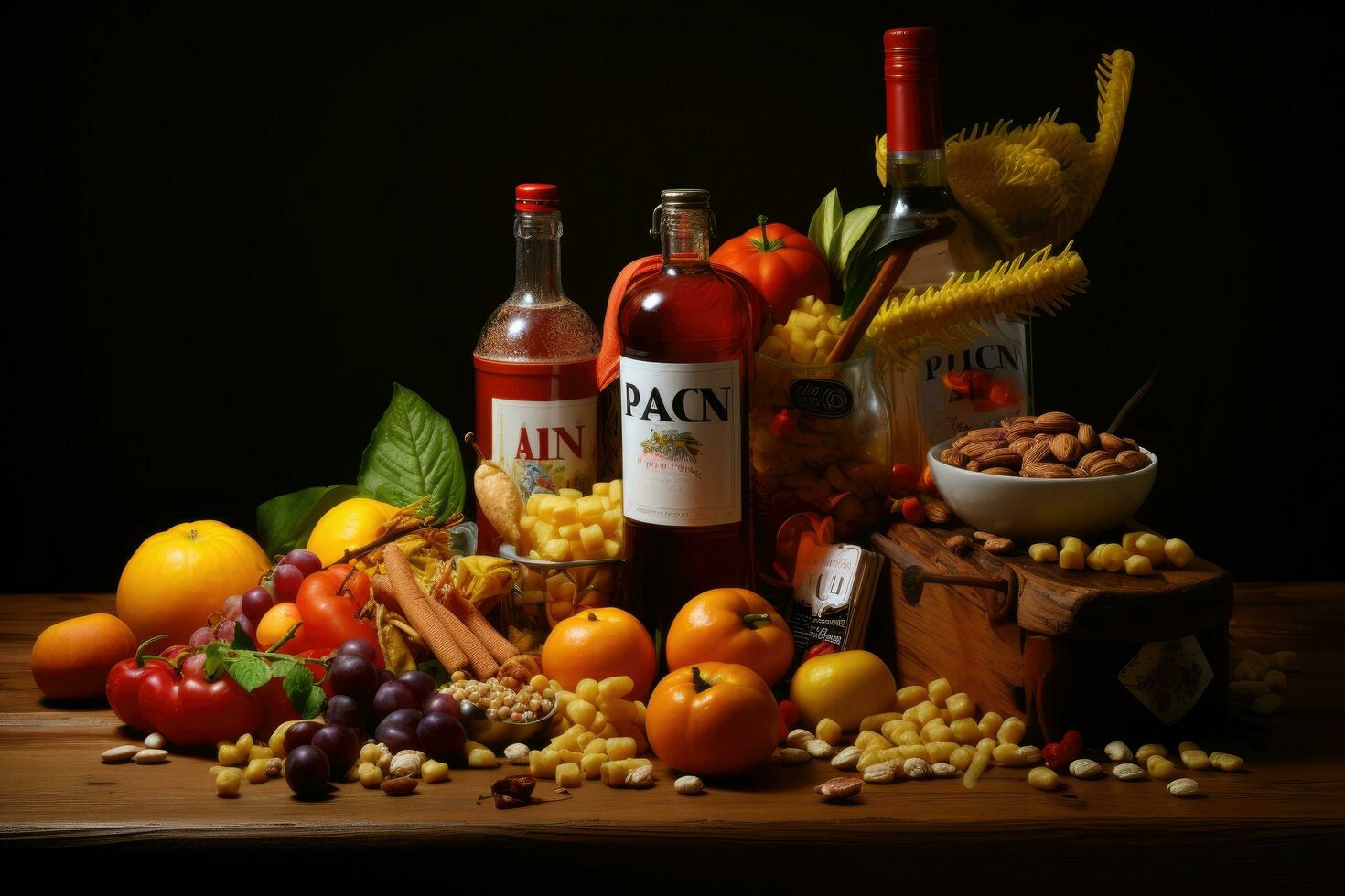 AI generated Still life with different kinds of pasta, olives, wine and fruits, Composition with food products rich in iron, AI Generated photo