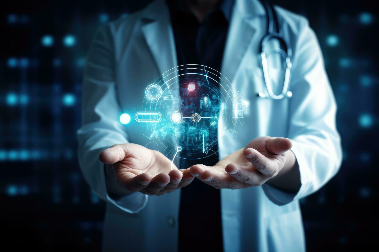 AI generated Close up of doctor hand showing virtual panel with medical icons on it, Doctor's hand in a hospital with digital medical icons graphic banner showing the symbol of medicine, AI Generated photo