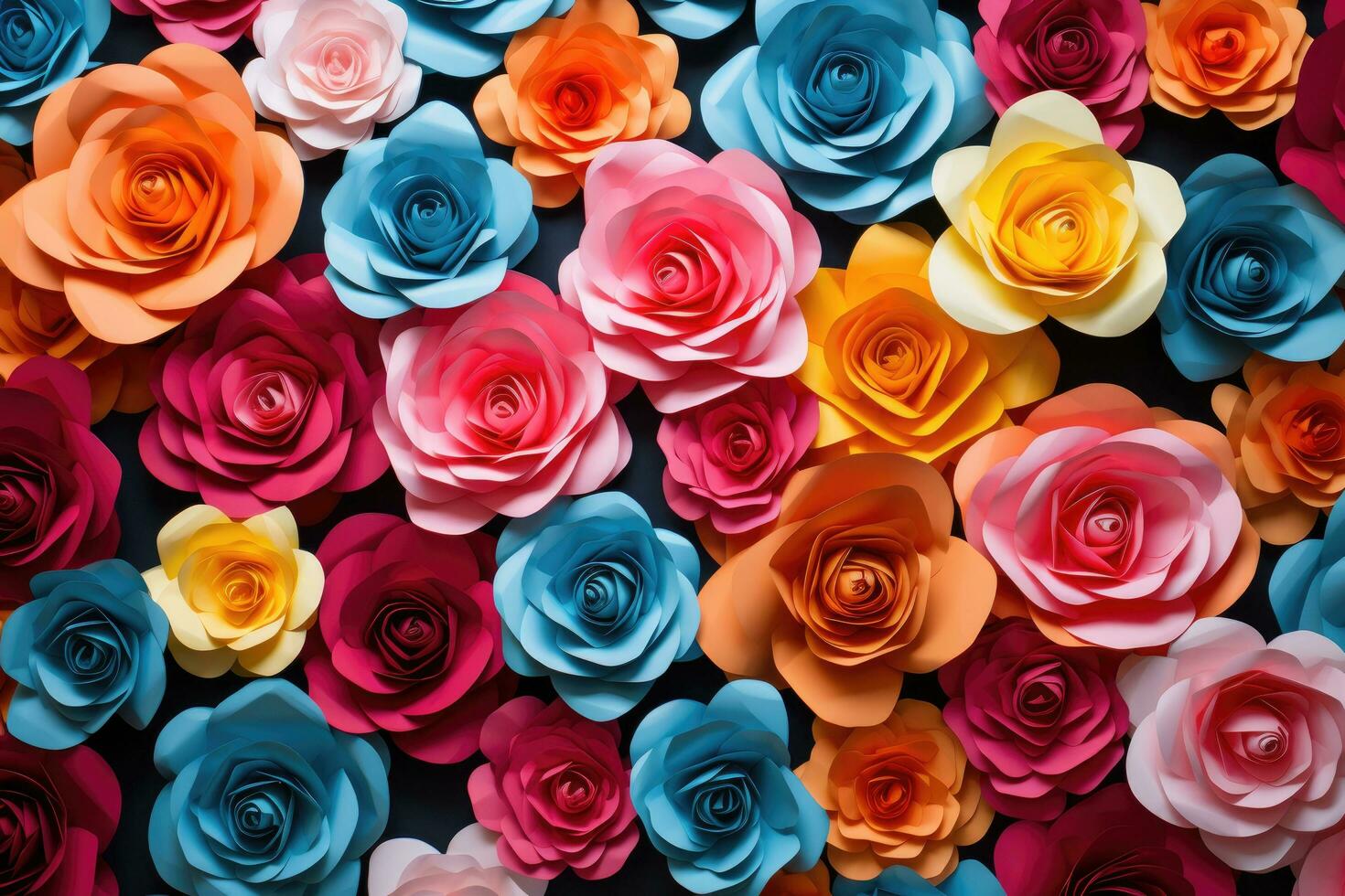 AI generated Colorful roses background. Top view. Flat lay. Close up, Create a backdrop of colorful paper roses, AI Generated photo