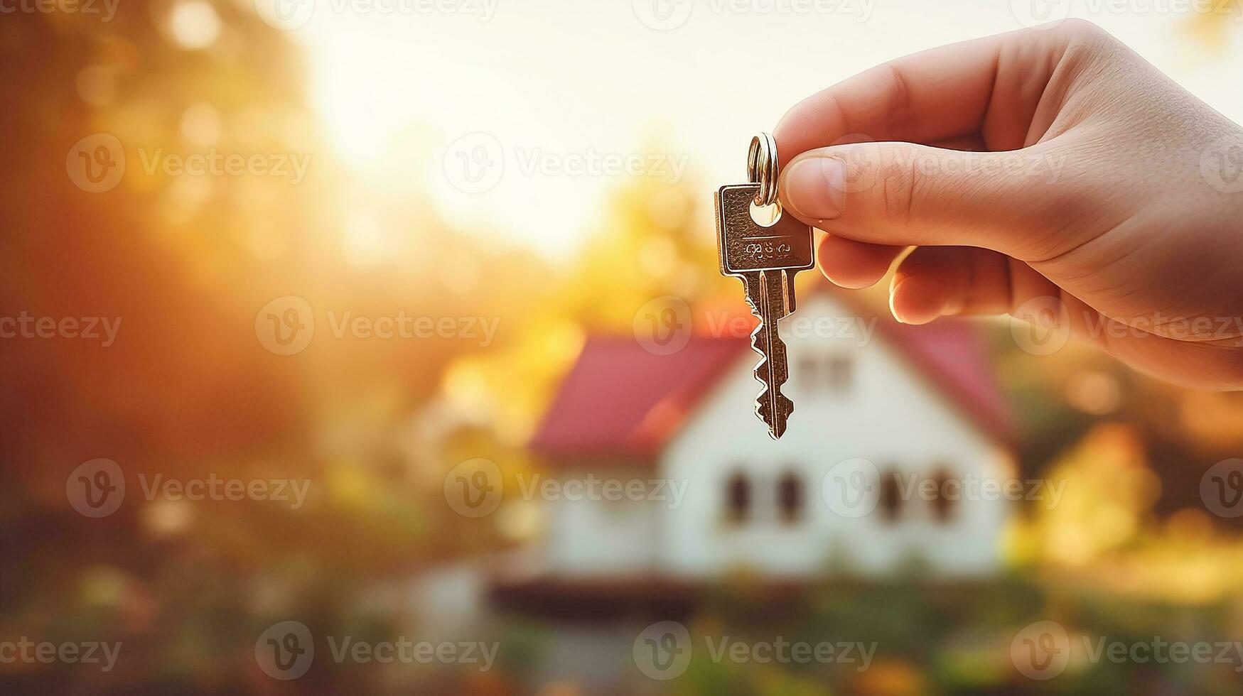 AI generated A man carried up house key and blurry modern house in background, real estate concept, full day light photo
