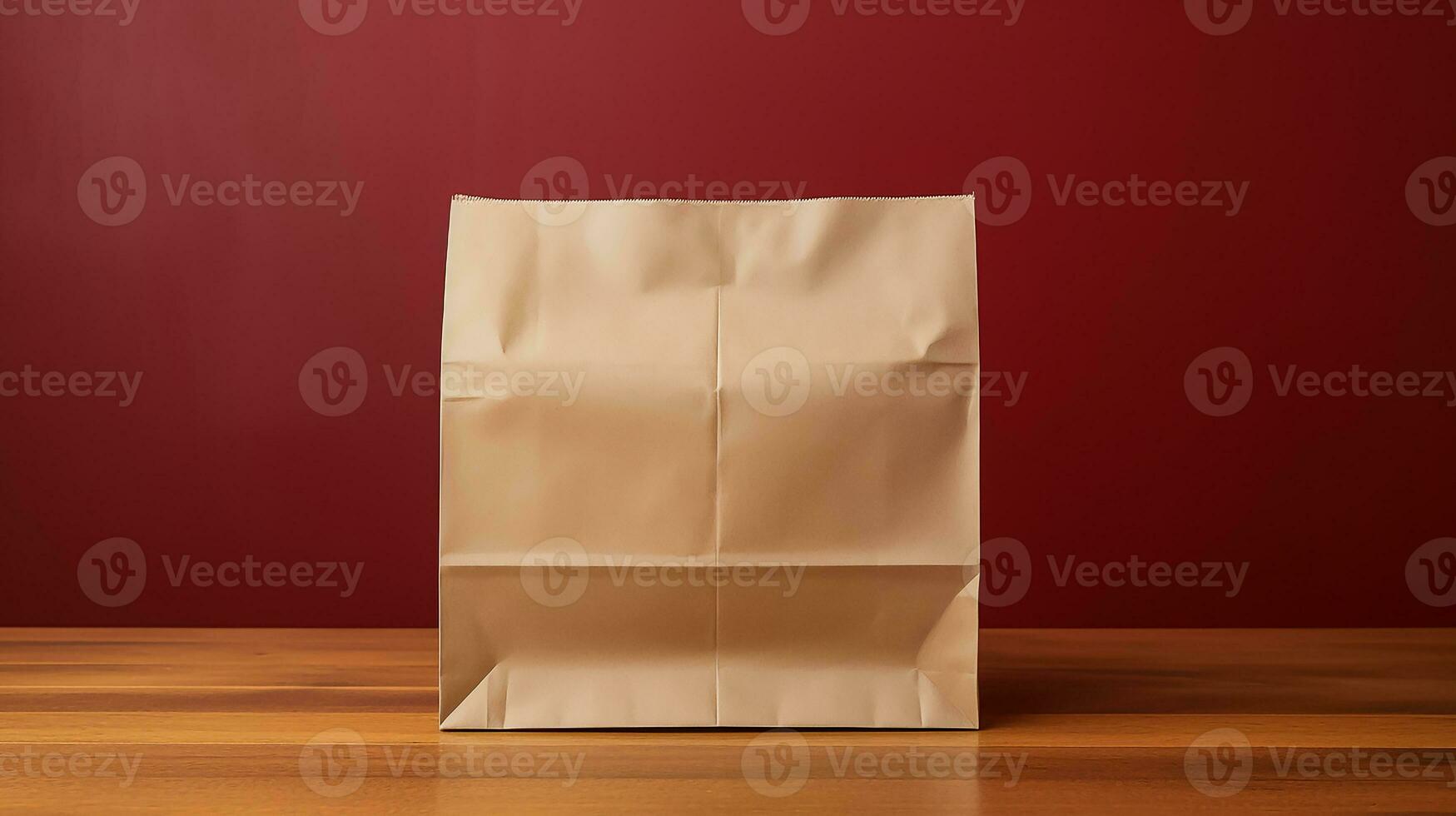 AI generated food Delivery paper empty bag on the wooden table with red background photo