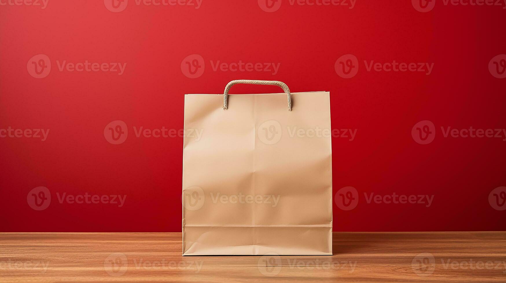 AI generated food Delivery paper empty bag on the wooden table with red background photo