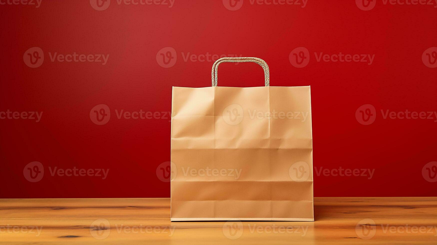 AI generated food Delivery paper empty bag on the wooden table with red background photo