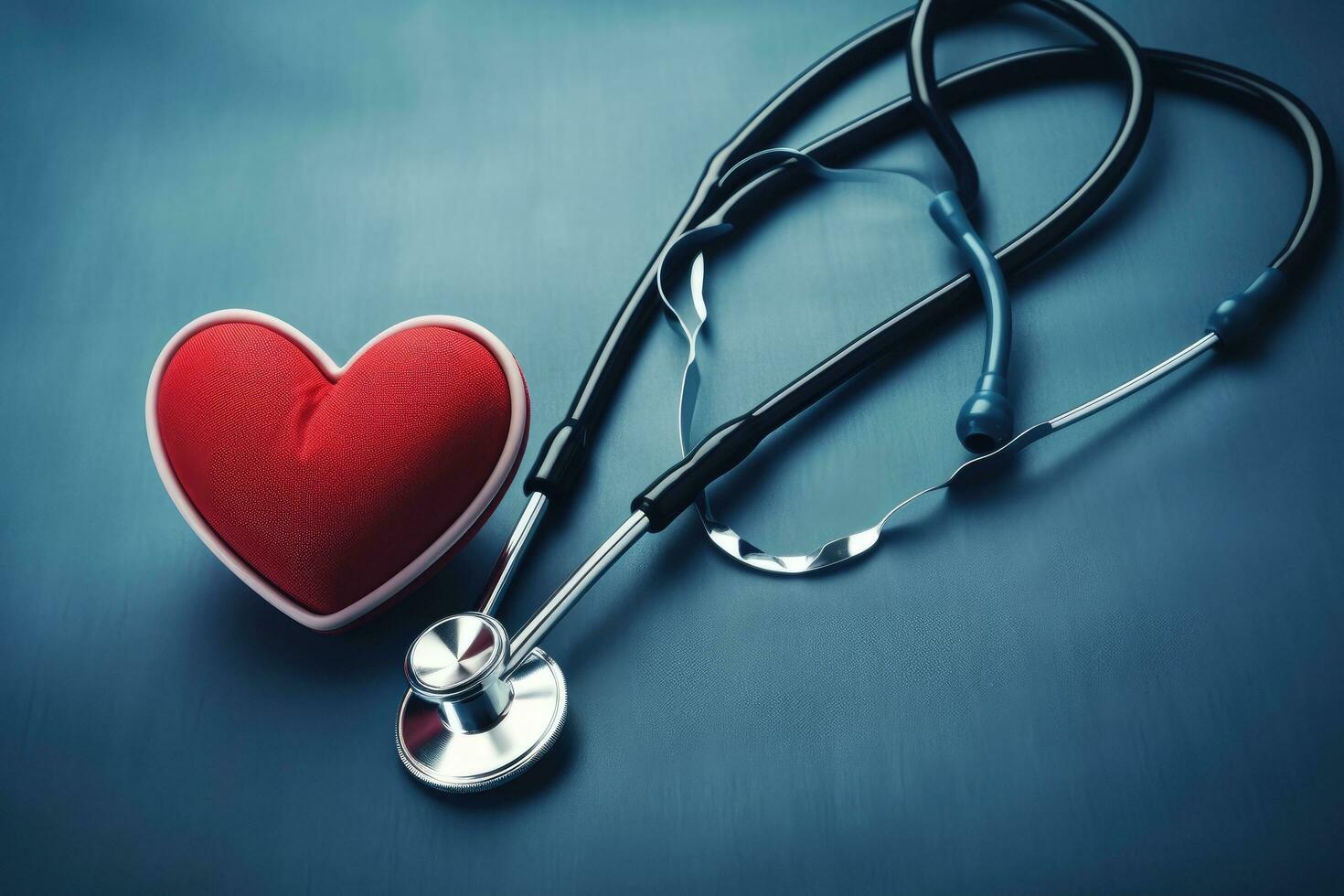 AI generated Stethoscope and red heart on a blue background. Health care concept, Doctor team with a medical stethoscope, AI Generated photo