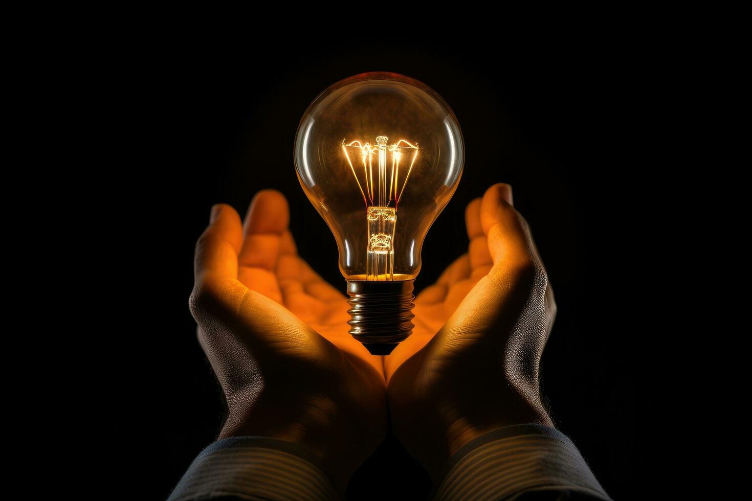 AI generated Close up of hands holding a light bulb in the dark with copy space, Conceptual image of a lightbulb in hand against a black background, AI Generated photo