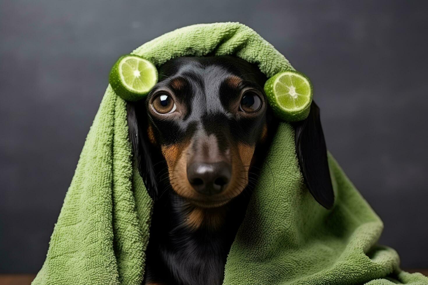 ai generado perro tejonero perro en un verde toalla con Lima rebanadas, perro perro tejonero, negro y broncearse, relajado desde spa procedimientos en el cara con pepino, cubierto con un toalla, ai generado foto