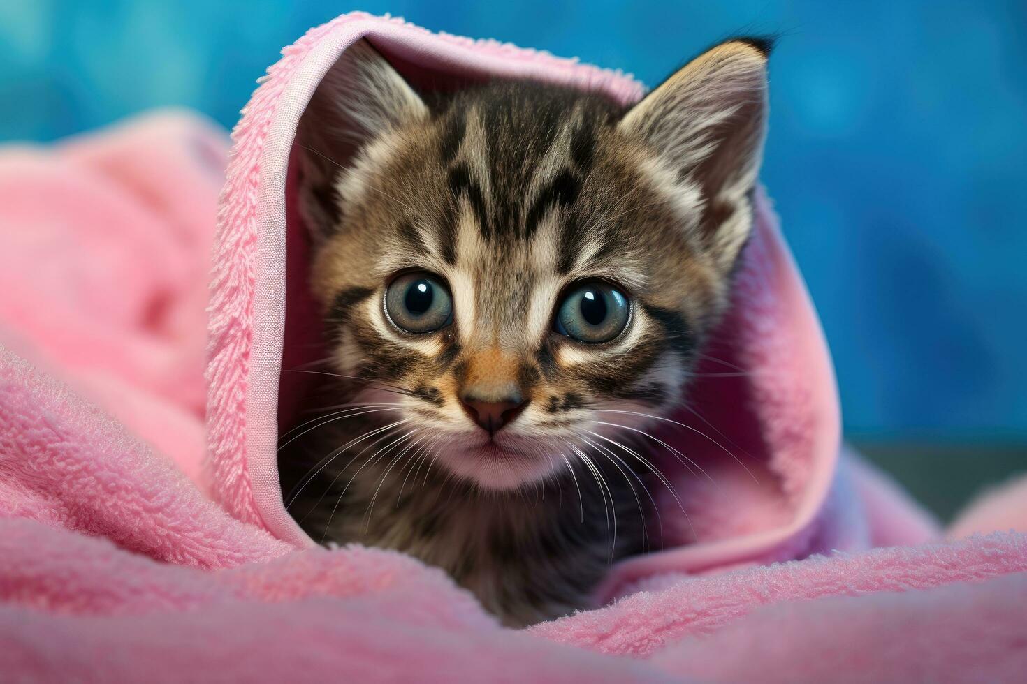 AI generated Cute little kitten wrapped in soft pink blanket, on color background, Cute wet gray tabby cat kitten after a bath wrapped in a pink towel with blue eyes, AI Generated photo