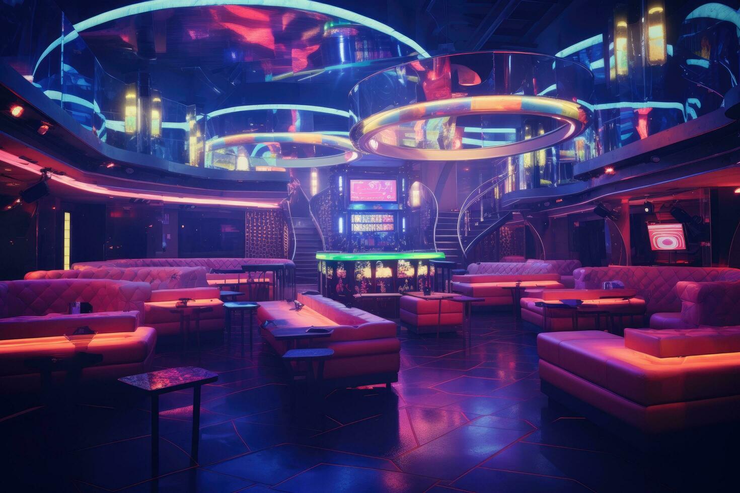 AI generated Interior of a night club with neon lights, 3d render, Colorful interior of a bright and beautiful night club with dark seats and glowing lights, AI Generated photo