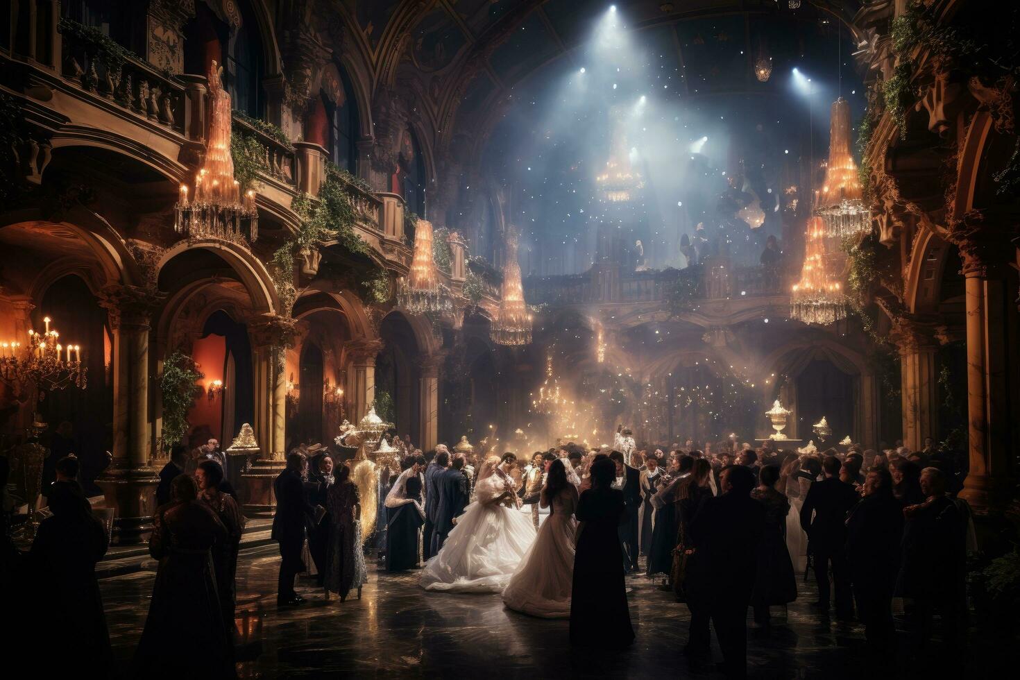 AI generated Wedding ceremony in the old city of Lviv, Ukraine, A magical evening at a masquerade ball, AI Generated photo