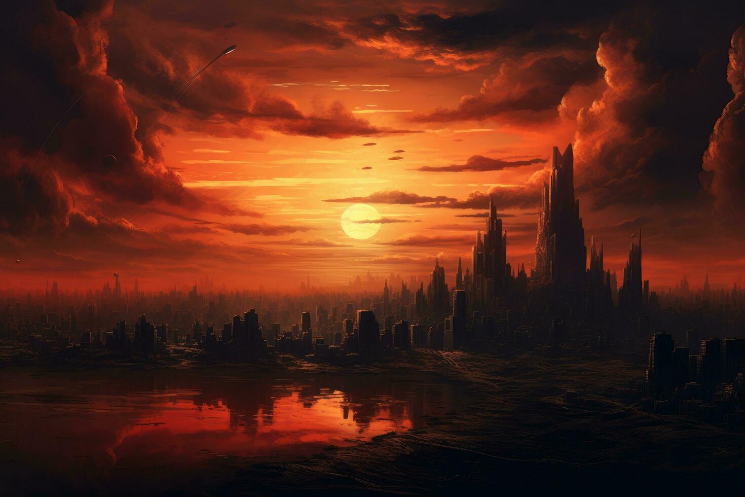 AI generated Fantasy alien planet. 3d render illustration of a fantasy alien planet, A hopeful sunrise over a city sky, AI Generated photo