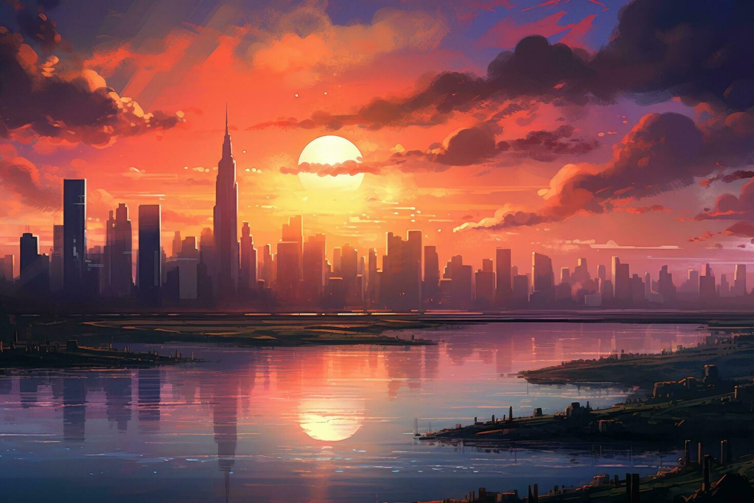 AI generated Beautiful sunset over the lake with skyscrapers in the background, A hopeful depiction of a sunrise over a city sky, AI Generated photo