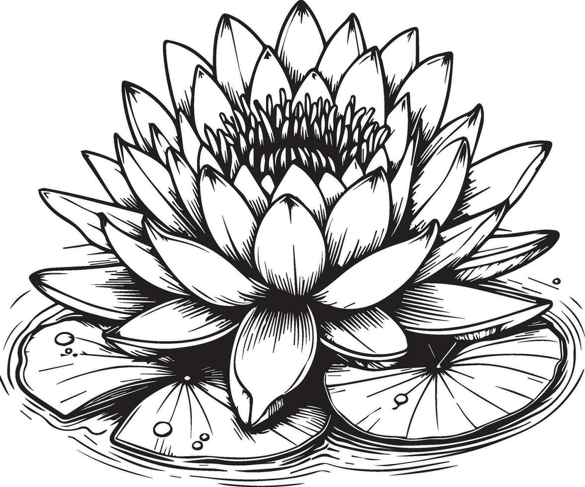 Bouquet of water lily flower hand drawn pencil sketch, coloring page, and book for adults isolated on white background floral element tattooing, illustration ink art, blossom waterlily spring collect. vector