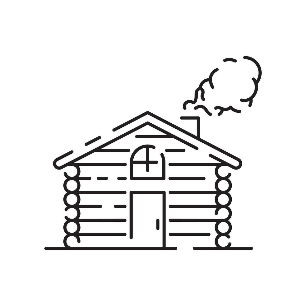 Log Cabin Vector Line Icon. Winter wooden house and camping.