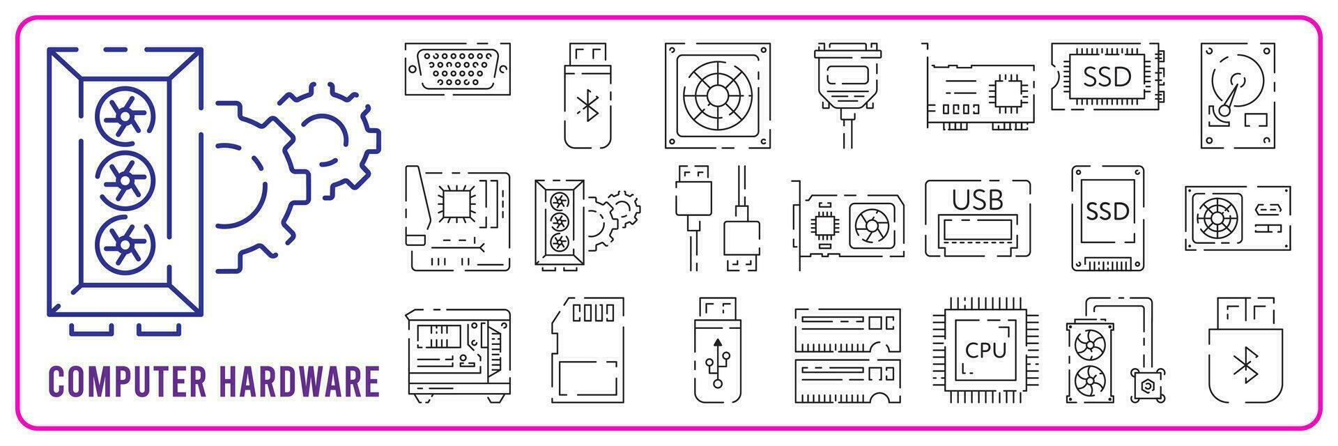 Computer hardware line icon set. Graphic card or processor and RAM. GPU or CPU and cooler. Case with motherboard. Vector SSD cable with fan. Computer details.