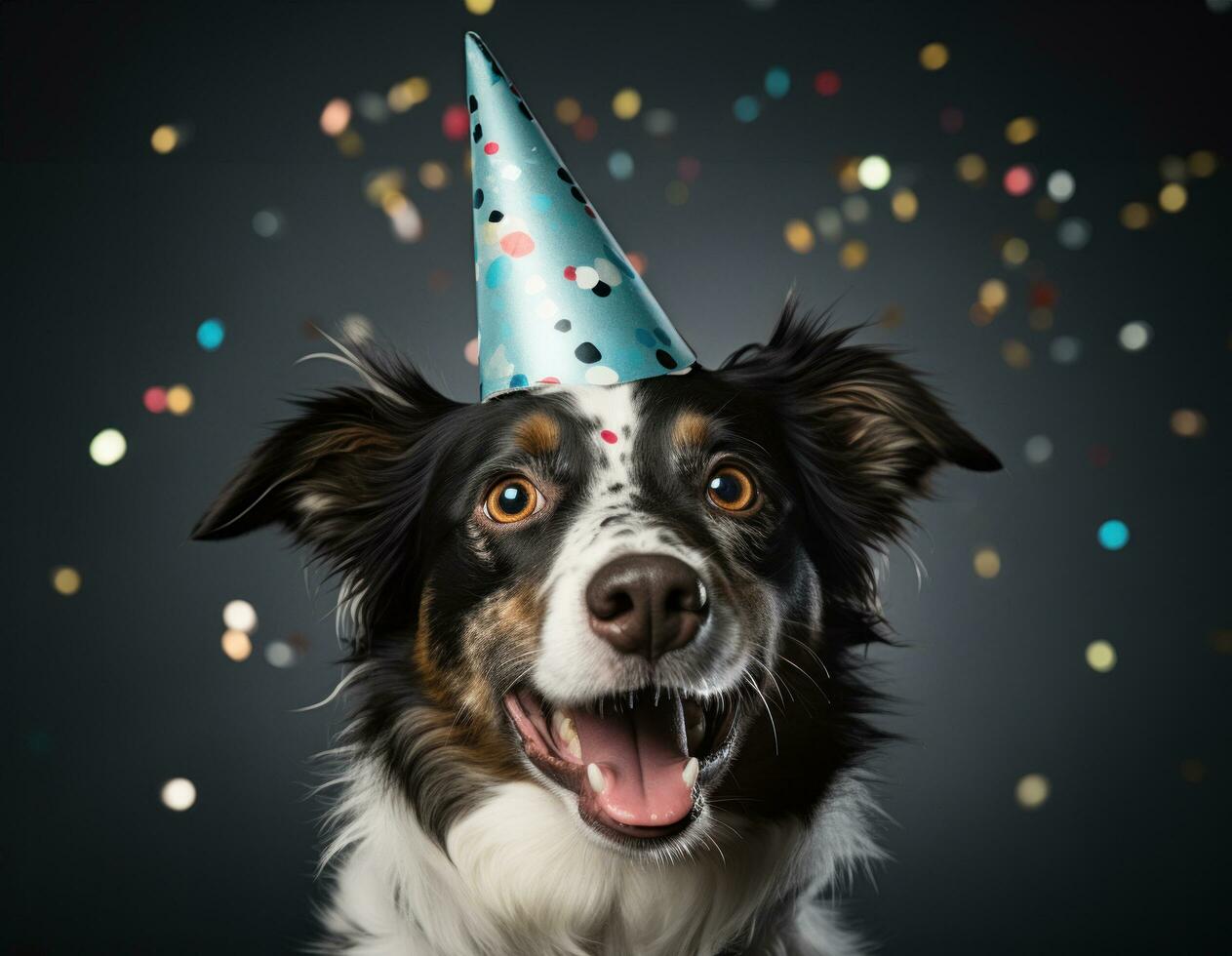 AI generated a dog standing in a party hat with red and yellow bow in the middle, photo