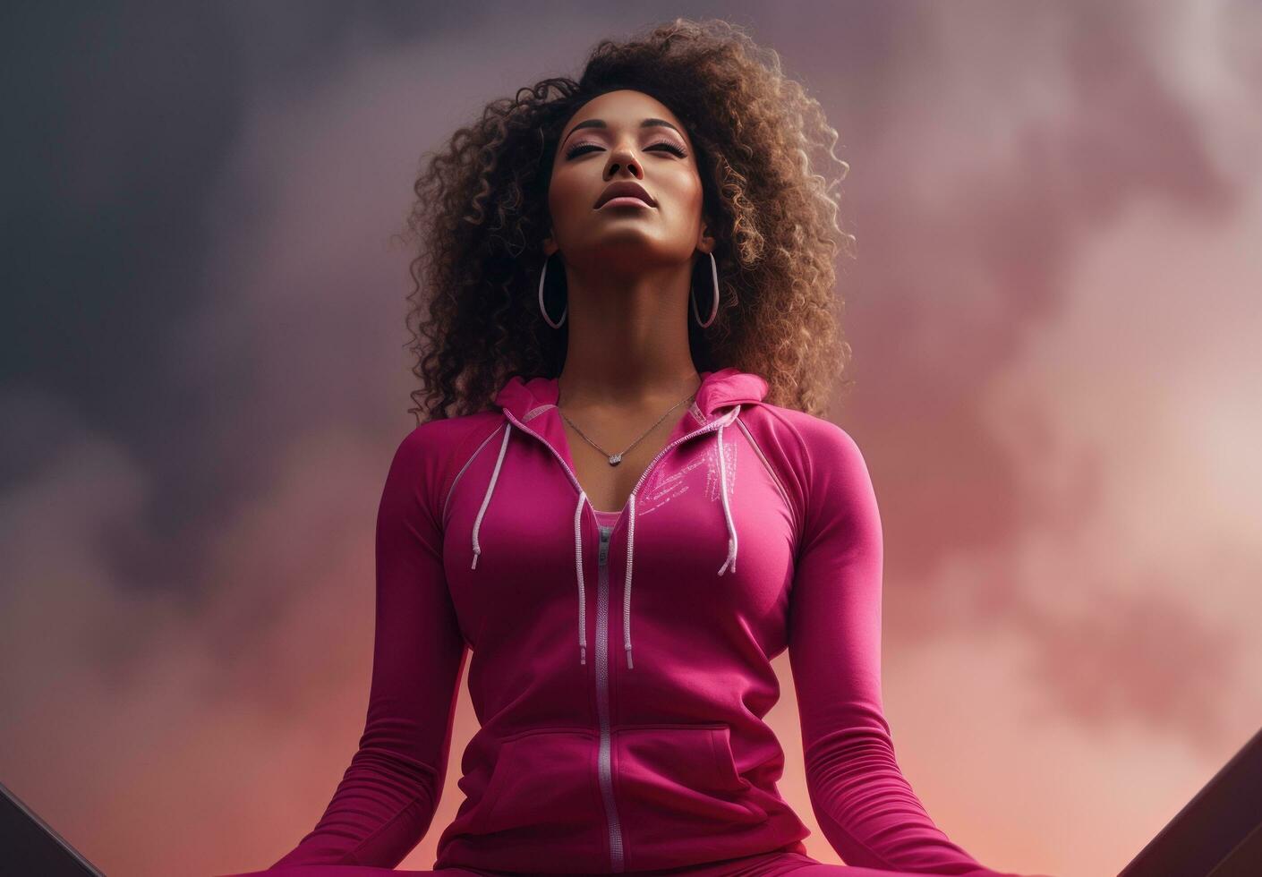 AI generated a black woman wearing a pink top is looking down at her feet, photo