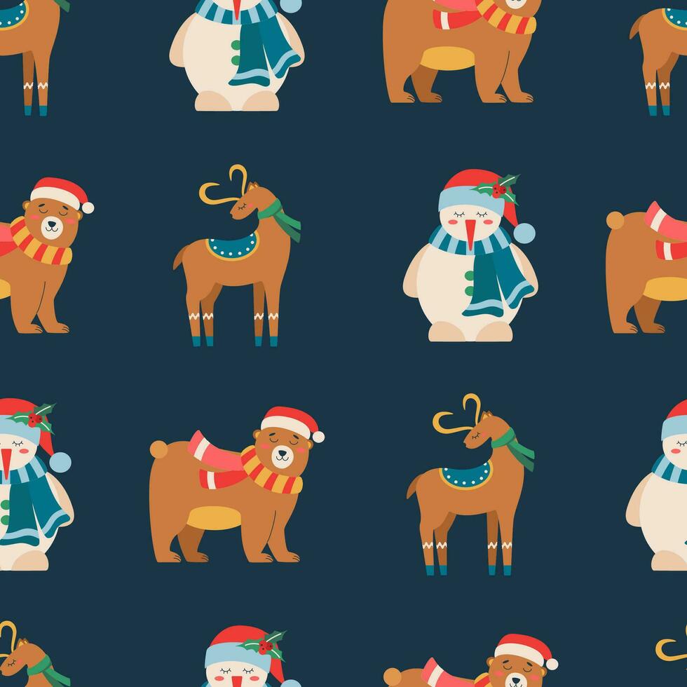 Christmas pattern with snowman, bear, deer. vector