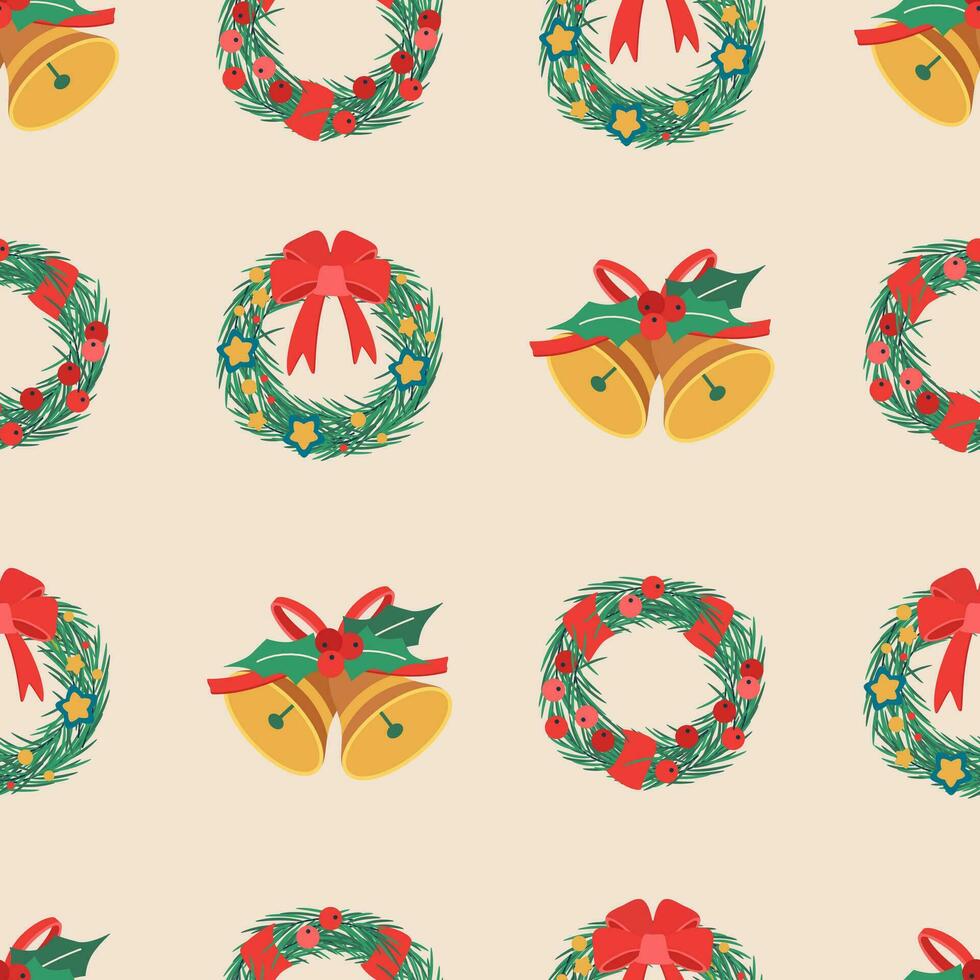Christmas pattern with wreath with mistletoe berries, bell. vector