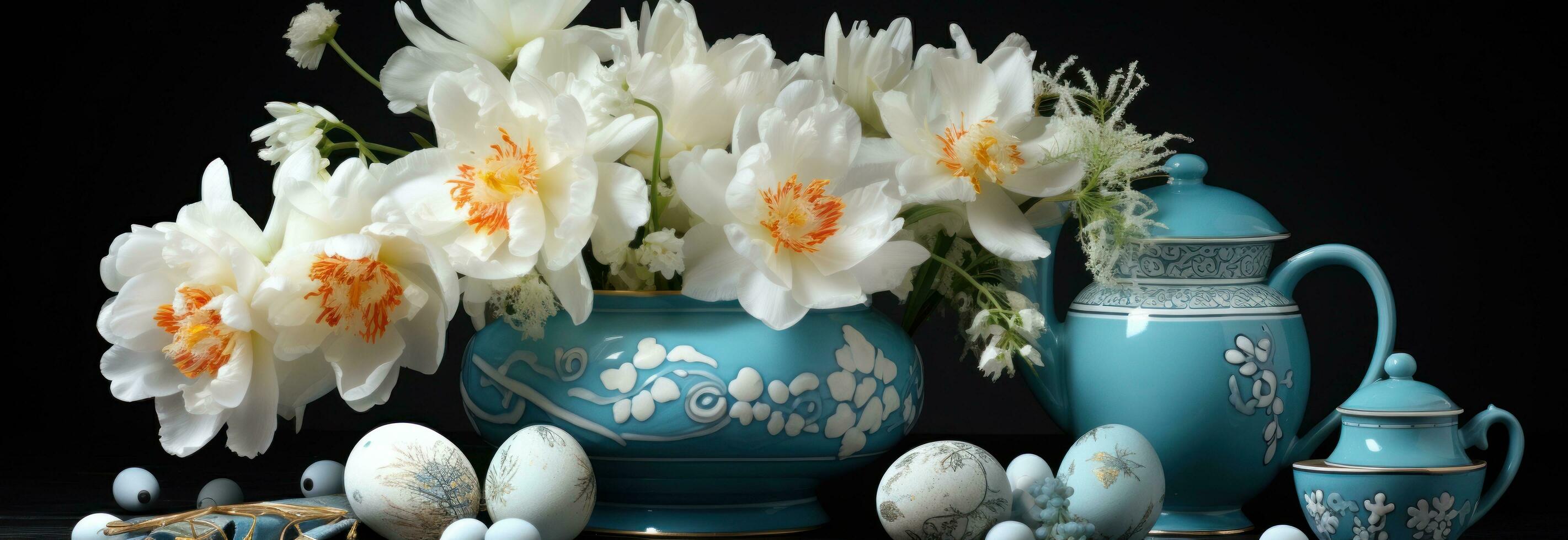 AI generated a round table covered with eggs, peonies, easter treats, photo