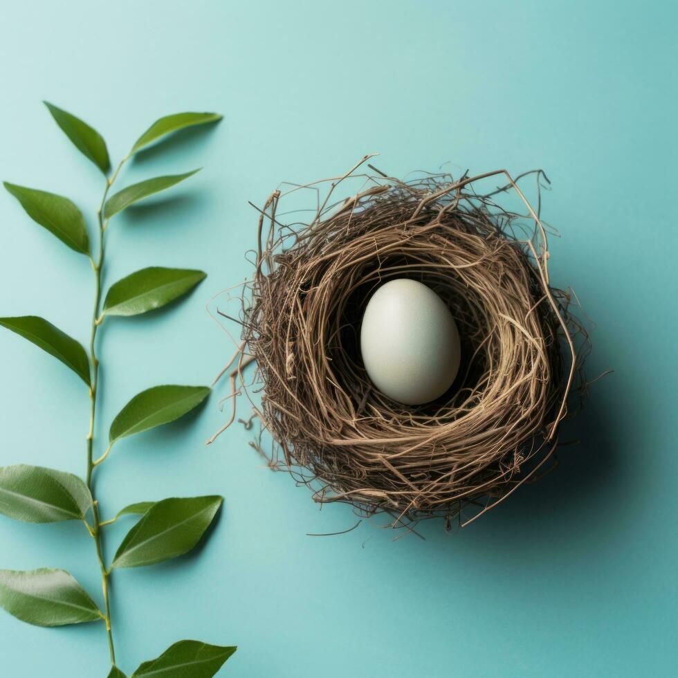 ai generado un sencillo aún elegante imagen de un soltero Pascua de Resurrección huevo en un nido rodeado foto