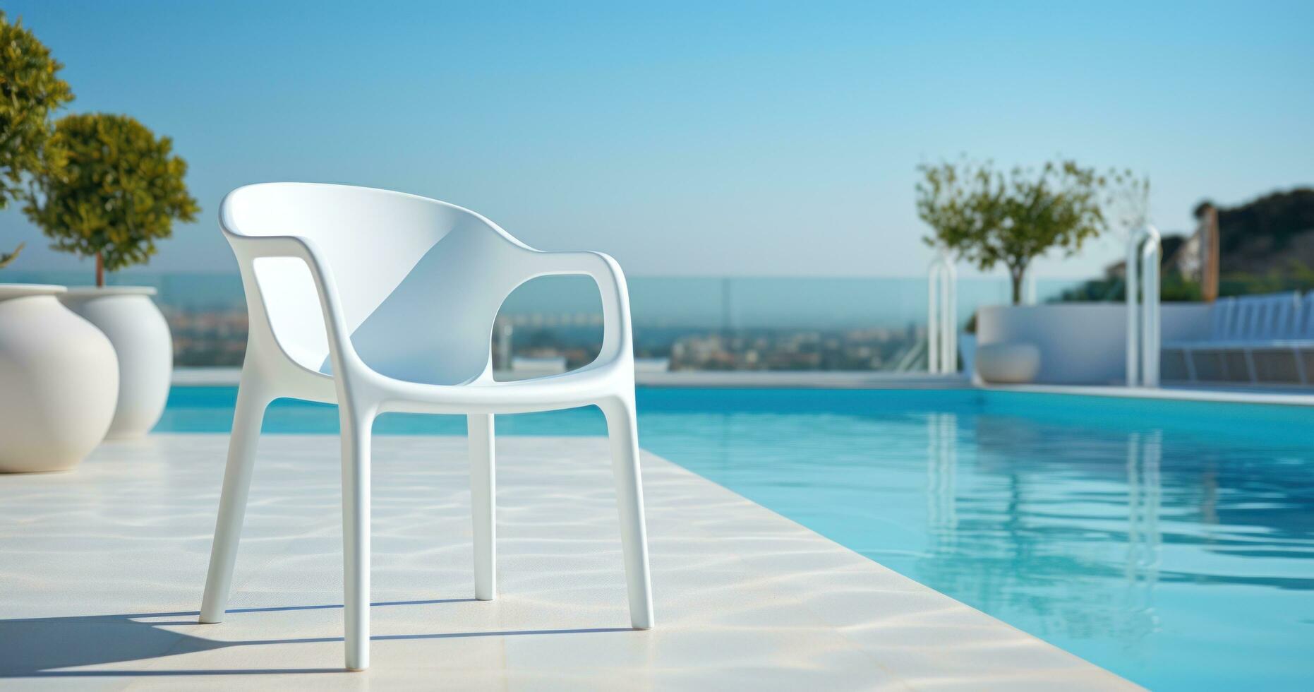 AI generated a white pool and some chairs outside with a blue sky, photo