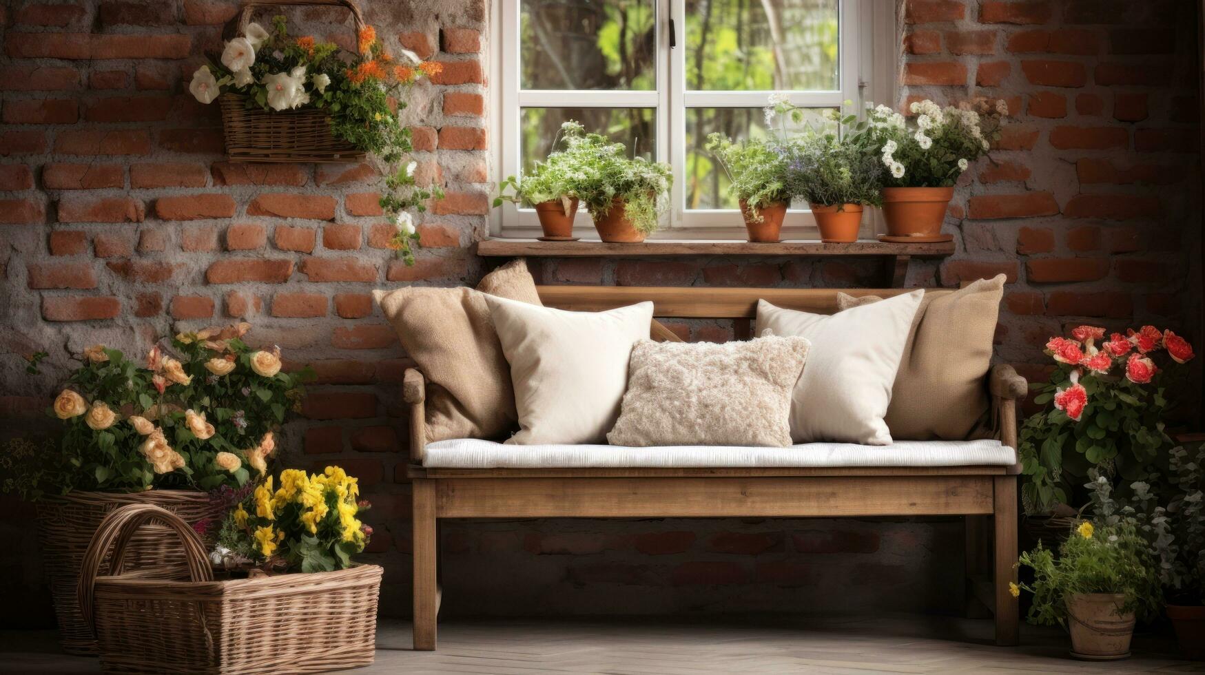 ai generado un rústico de madera banco con un almohadón, un tejido cesta de vistoso flores, foto