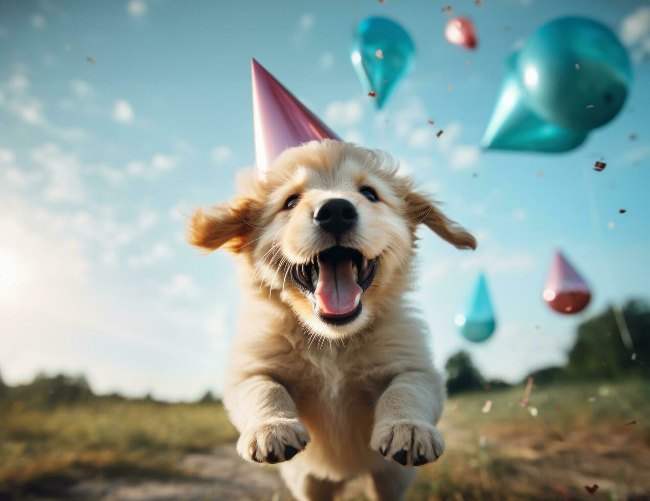 AI generated an adorable puppy in a party hat, photo