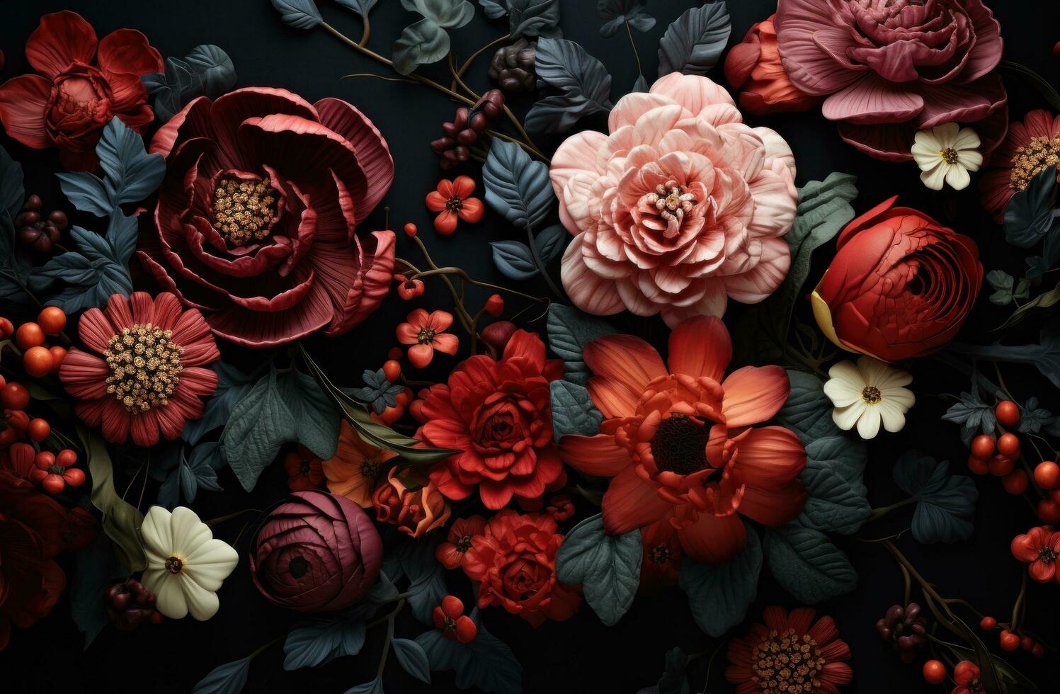 AI generated an arrangement of flowers on black, background, photo