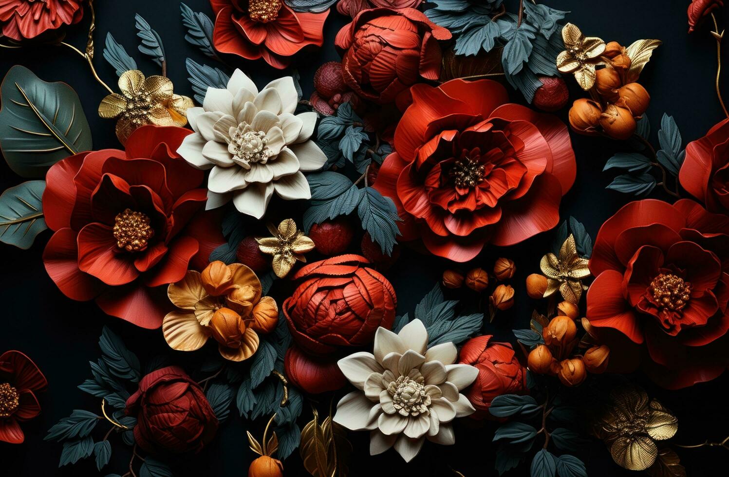 AI generated an arrangement of flowers on black, background, photo