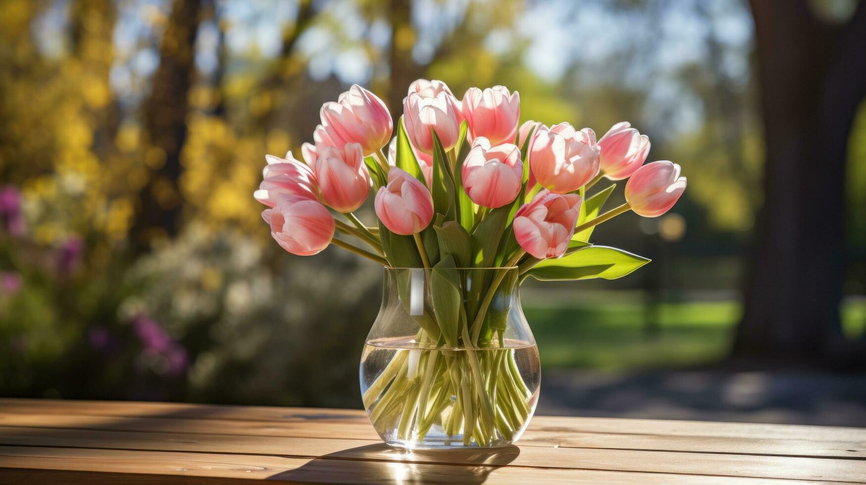 ai generado un arreglo de rosado y blanco tulipanes en un vaso florero en un de madera mesa foto