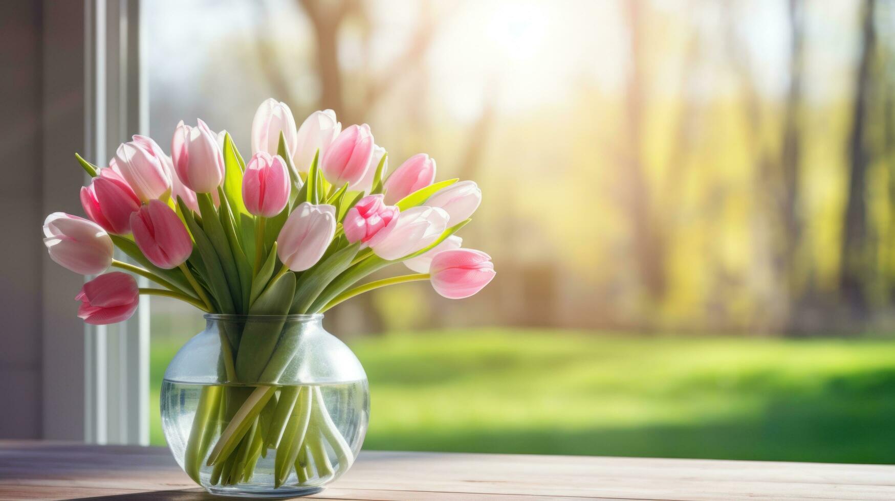 AI generated An arrangement of pink and white tulips in a glass vase on a wooden table photo