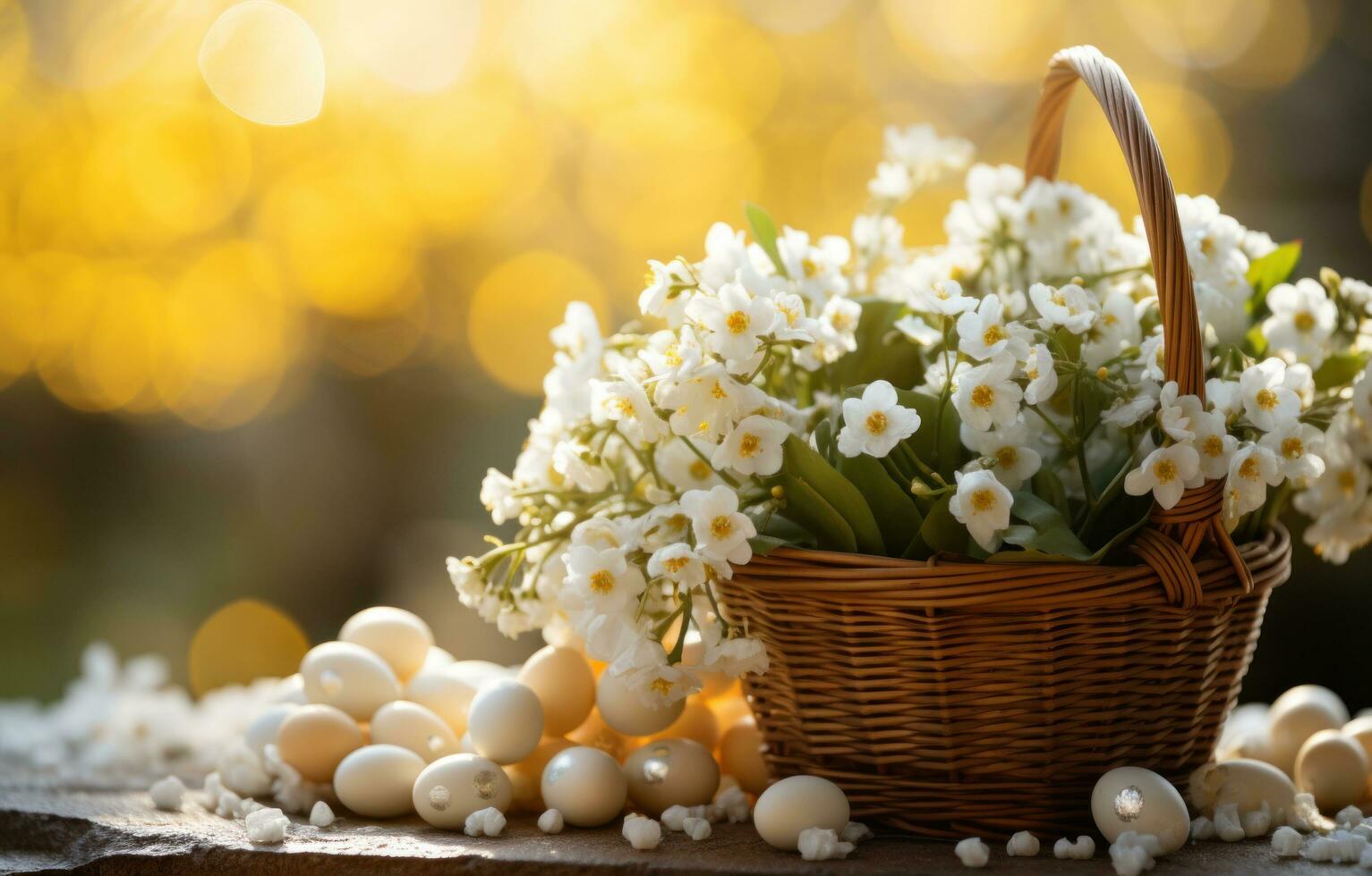 AI generated an easter basket filled with eggs and flowers, photo