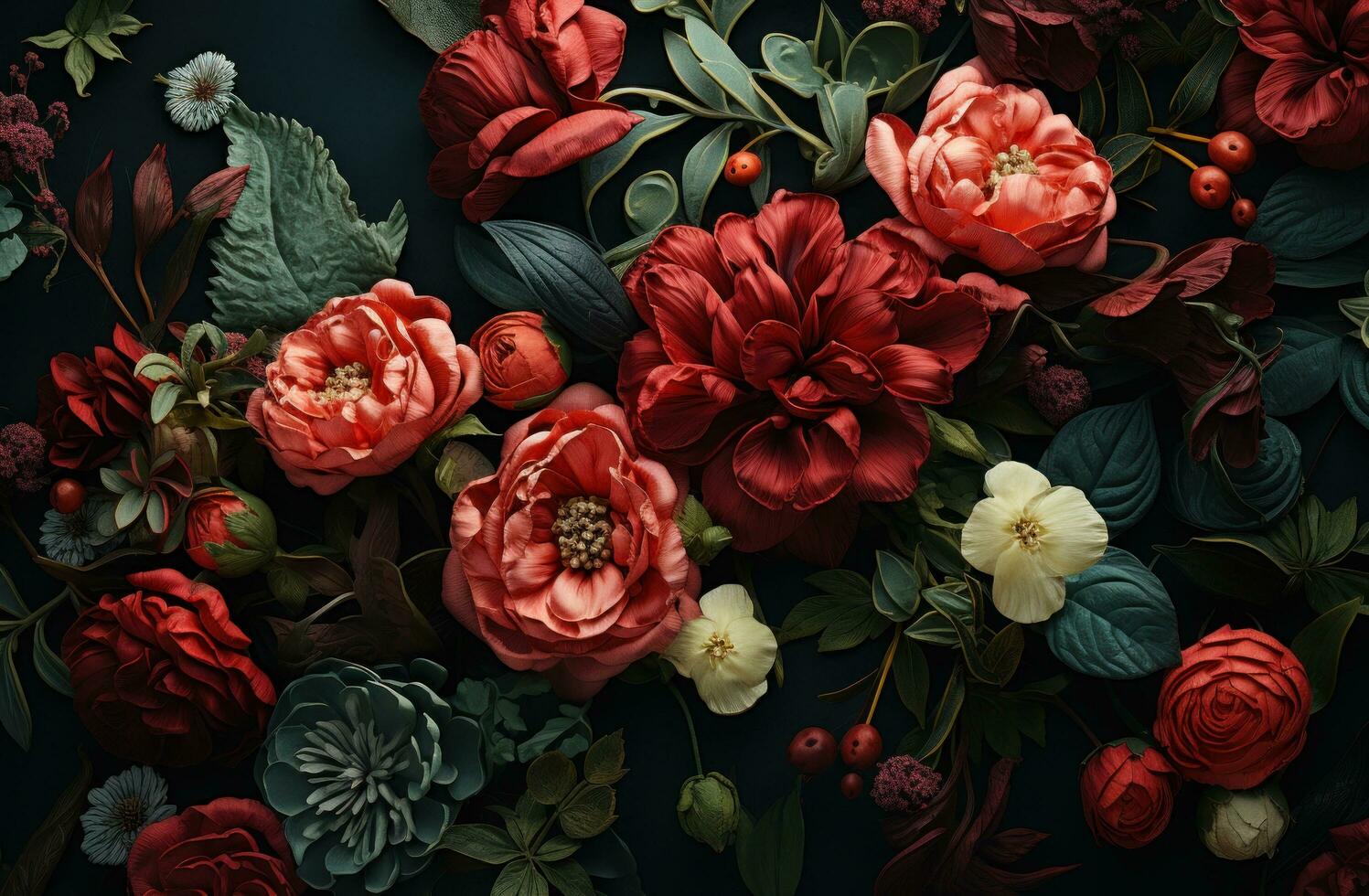 AI generated an arrangement of flowers on black, background, photo