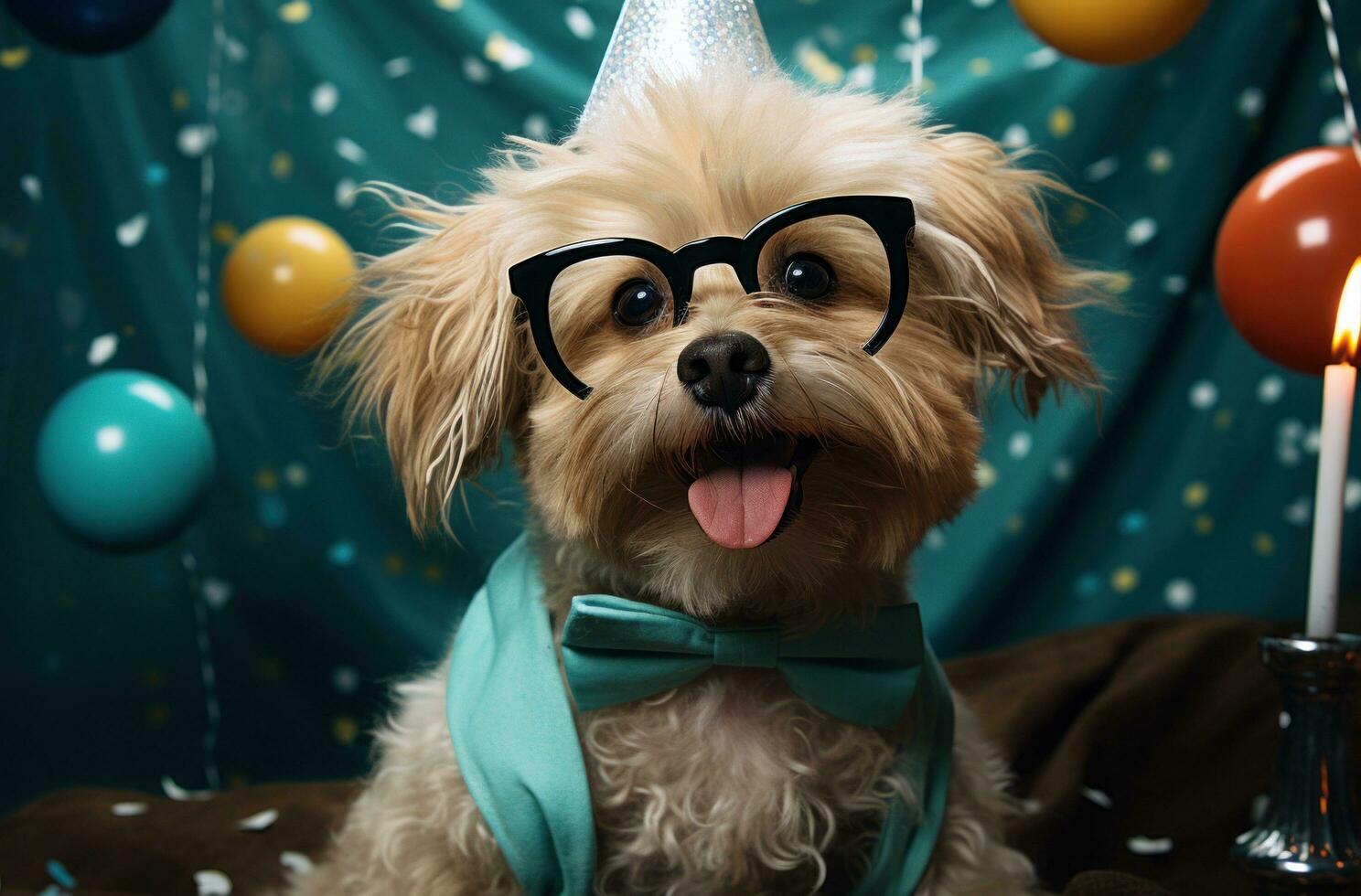 AI generated birthday party dog in glasses, photo