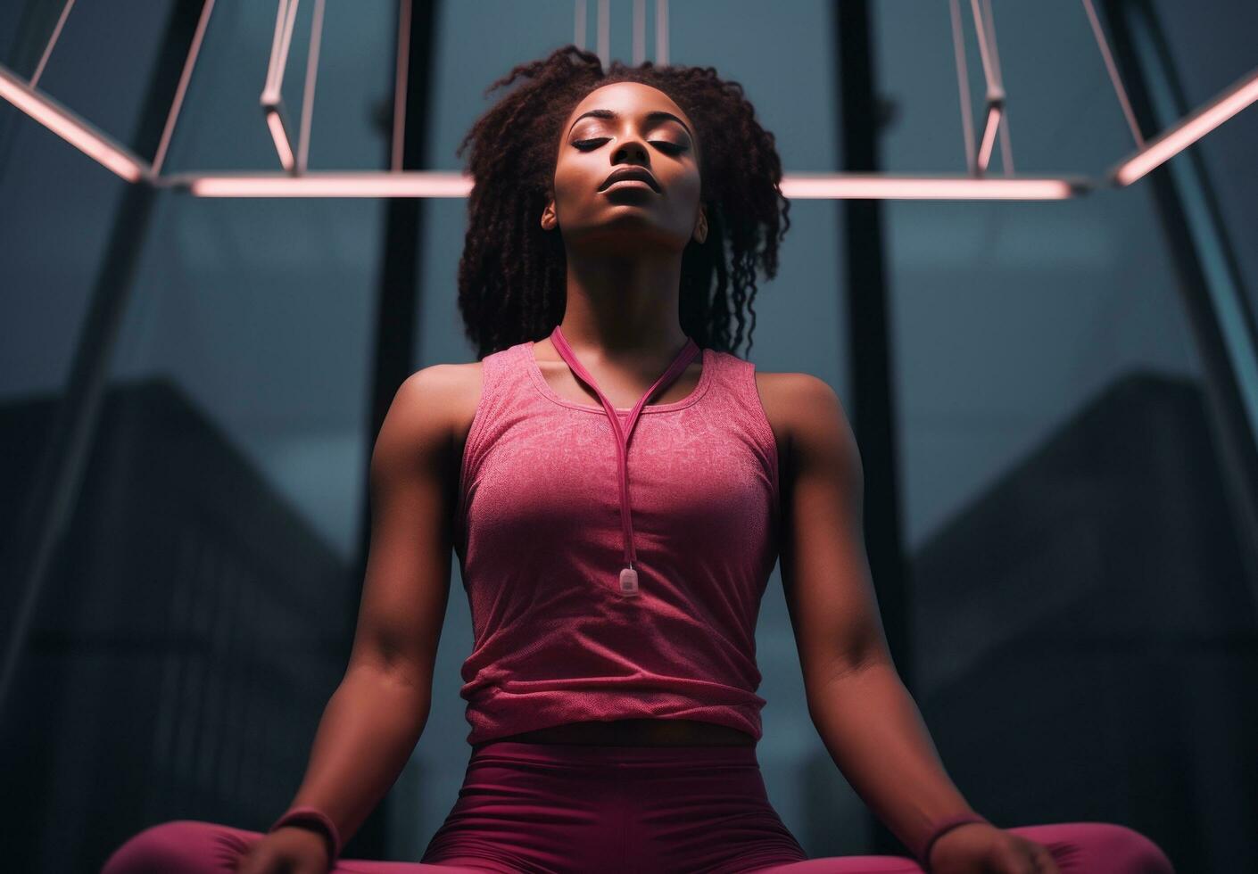 AI generated a black woman wearing a pink top is looking down at her feet, photo