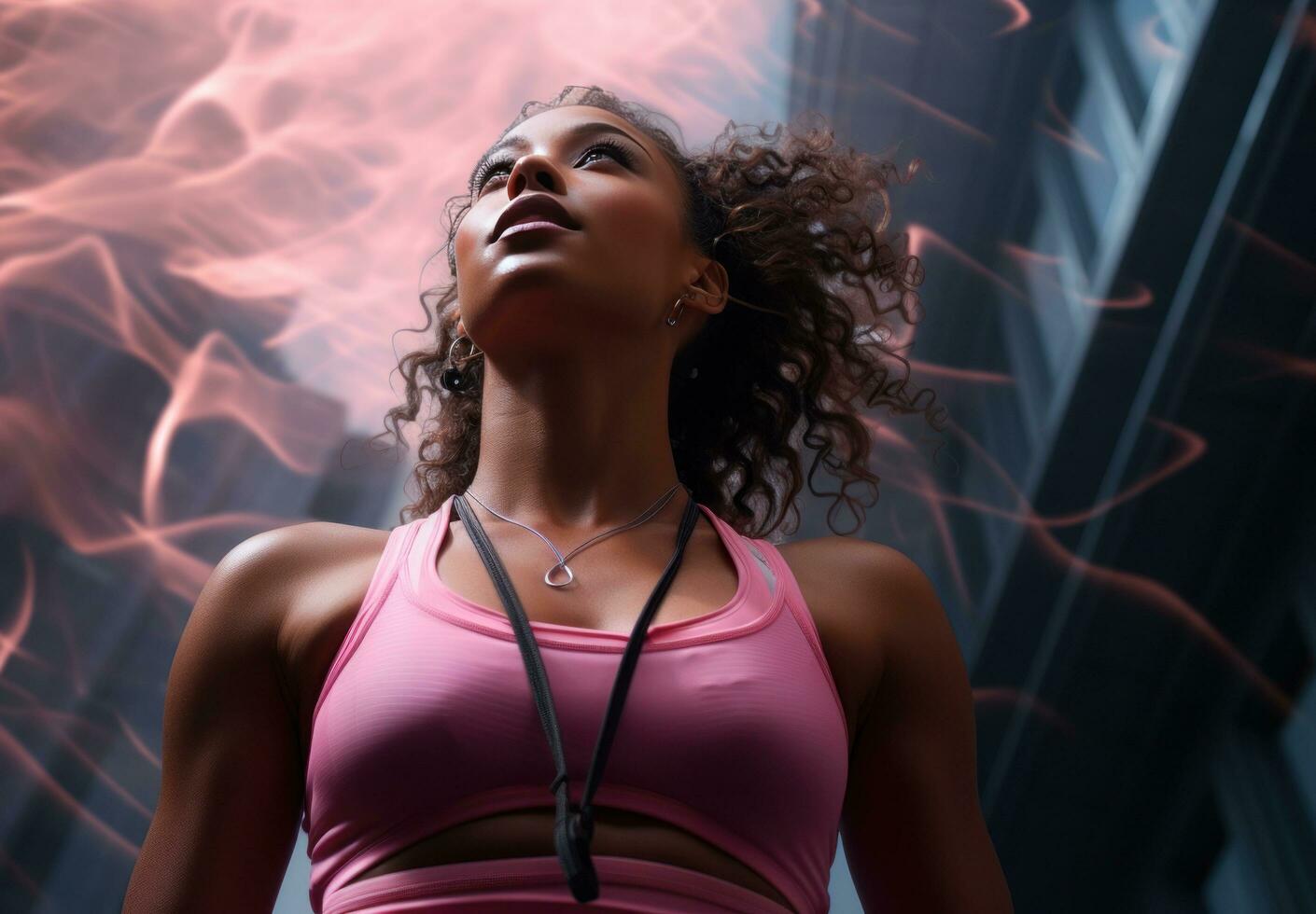 AI generated a black woman wearing a pink top is looking down at her feet, photo