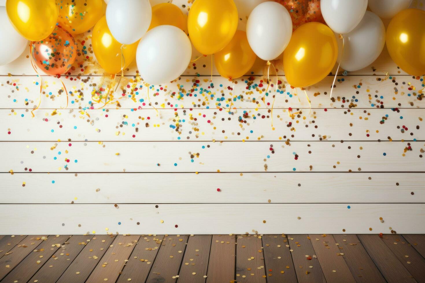 AI generated colorful confetti and balloon are arranged over white wooden background, photo