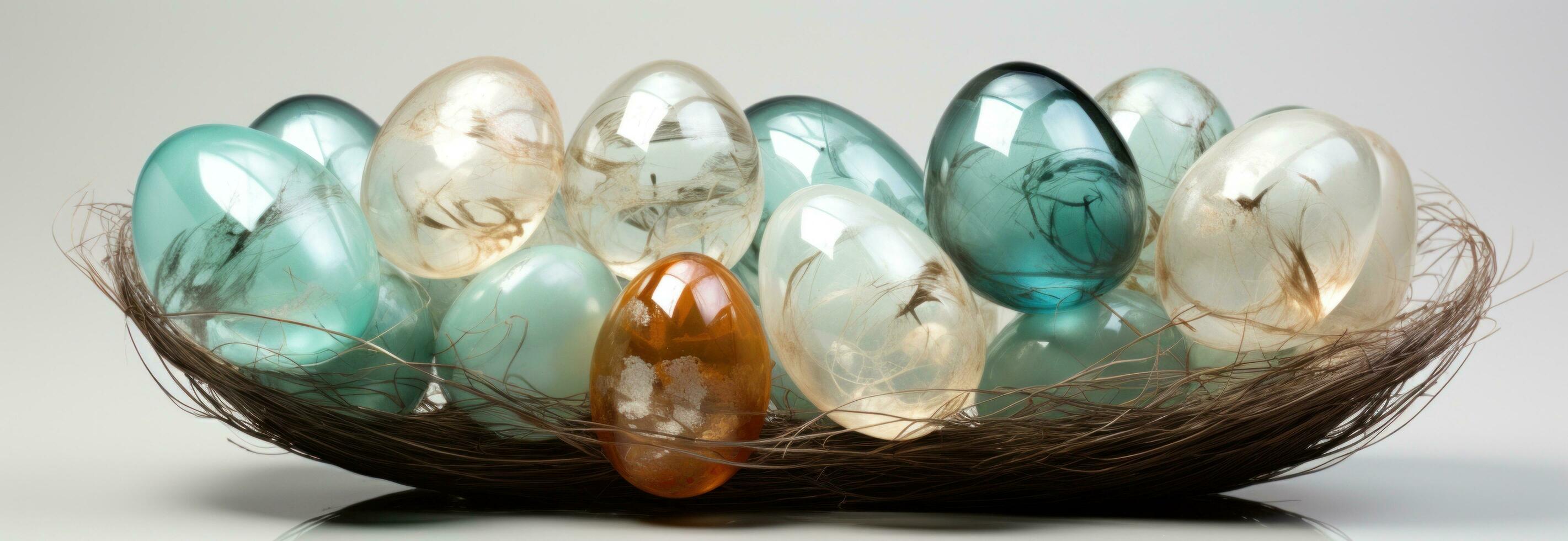 AI generated easter eggs and candy in white nest and grey, photo