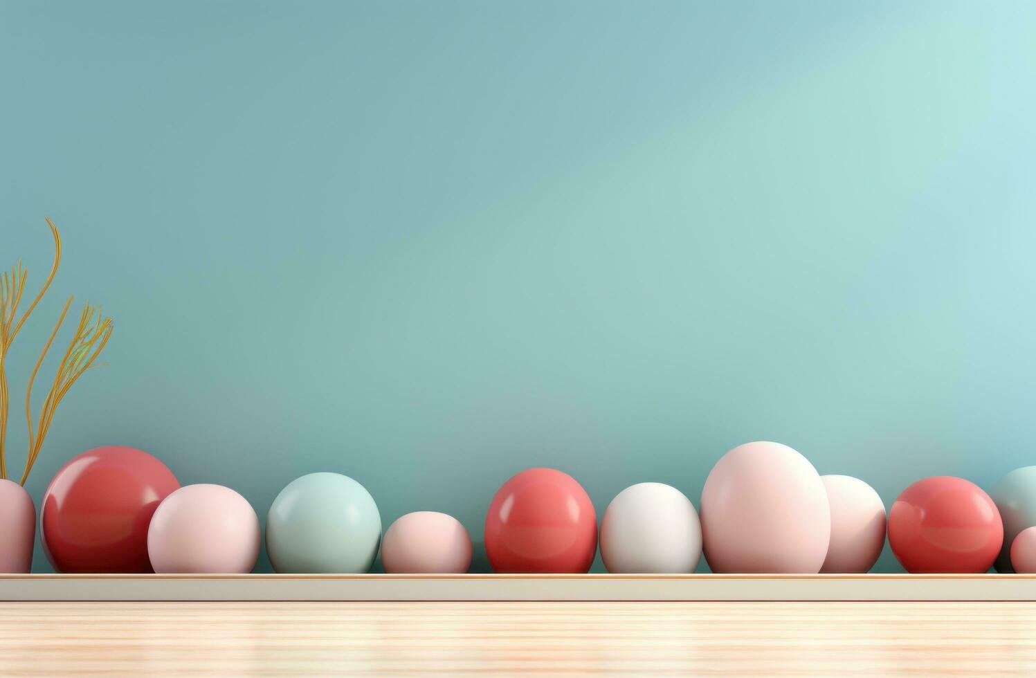 AI generated easter eggs and frame surrounded on a blue table, photo