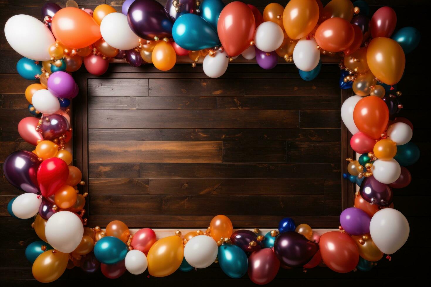 AI generated bright streamers and balloons line wooden wooden frame, photo