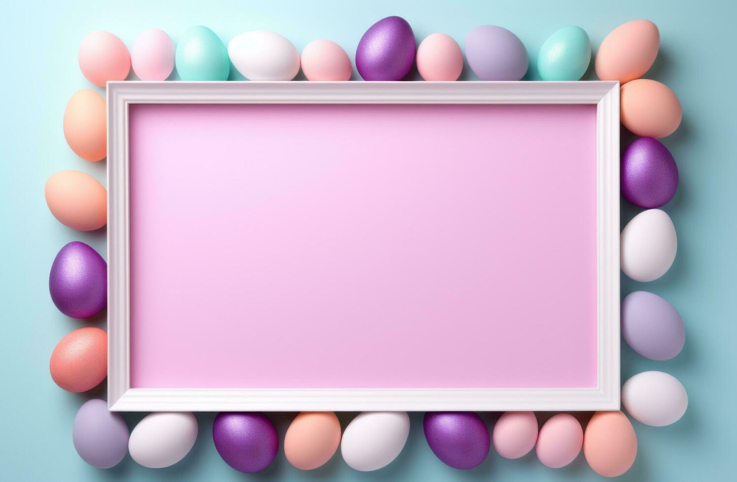 AI generated empty frame on blue background of easter eggs, photo