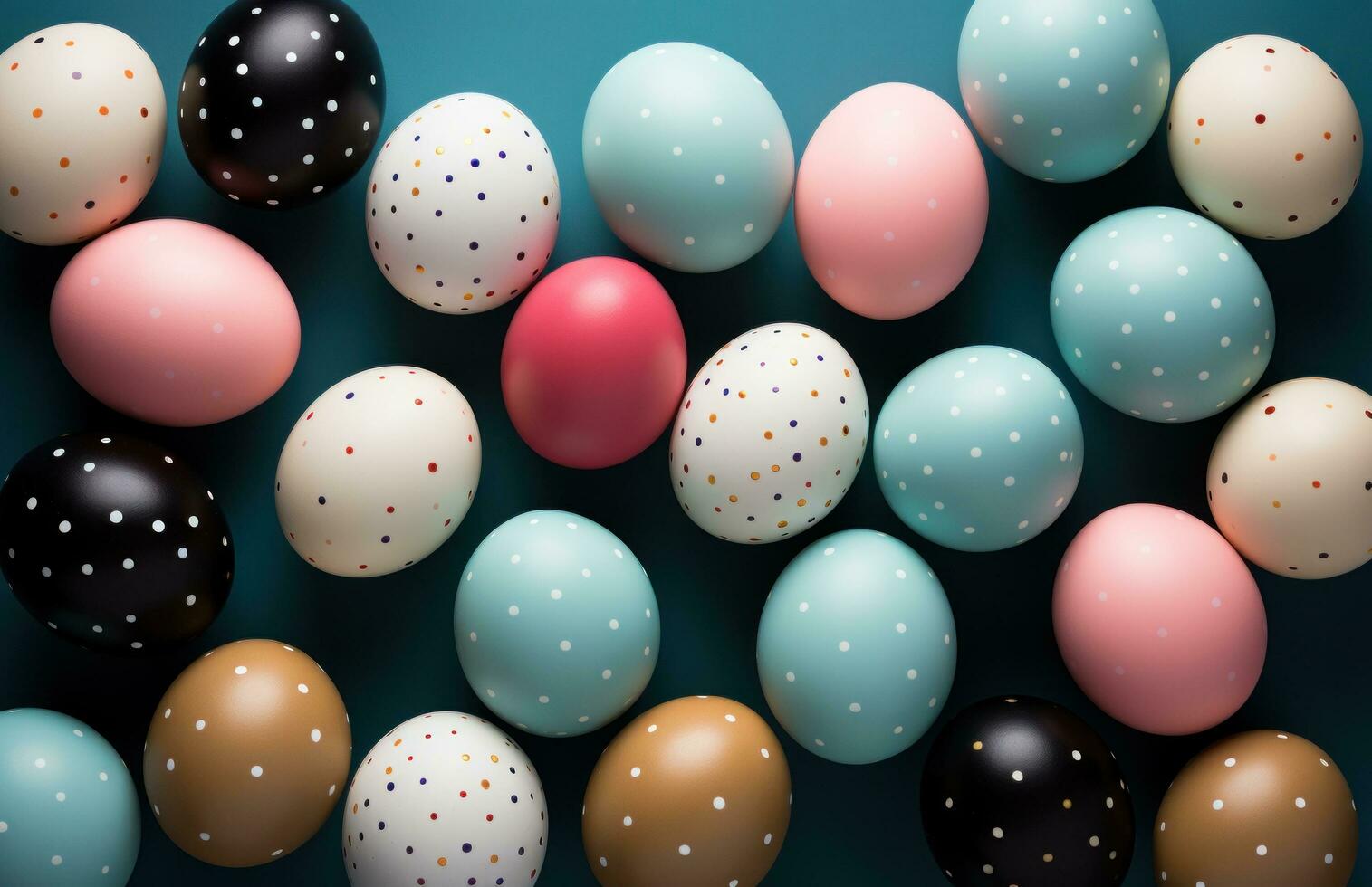 AI generated easter eggs and frame surrounded on a blue table, photo
