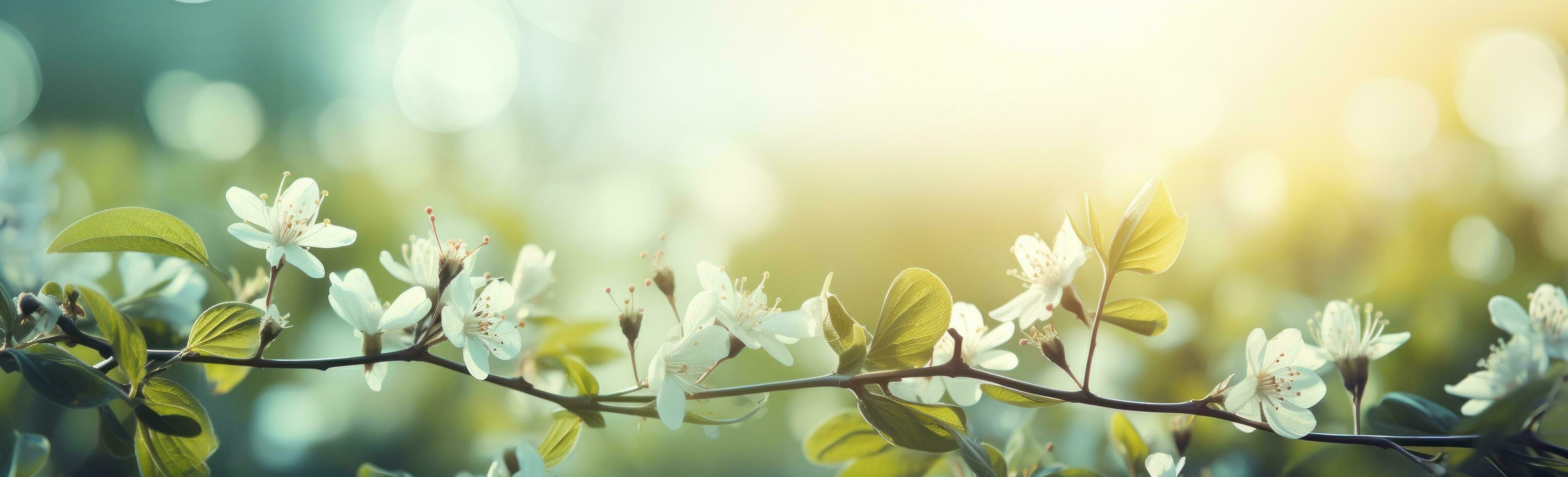 AI generated colorful spring background with leaves and flowers photo