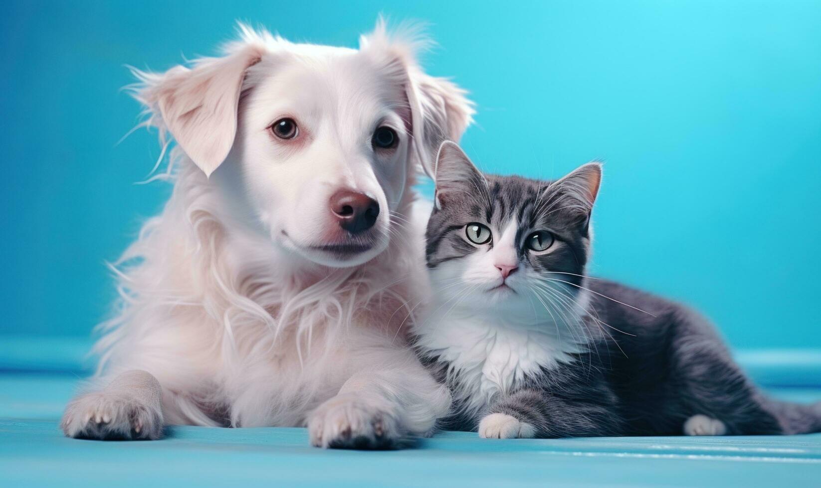 ai generado perros y gatos juntos en un azul fondo, foto