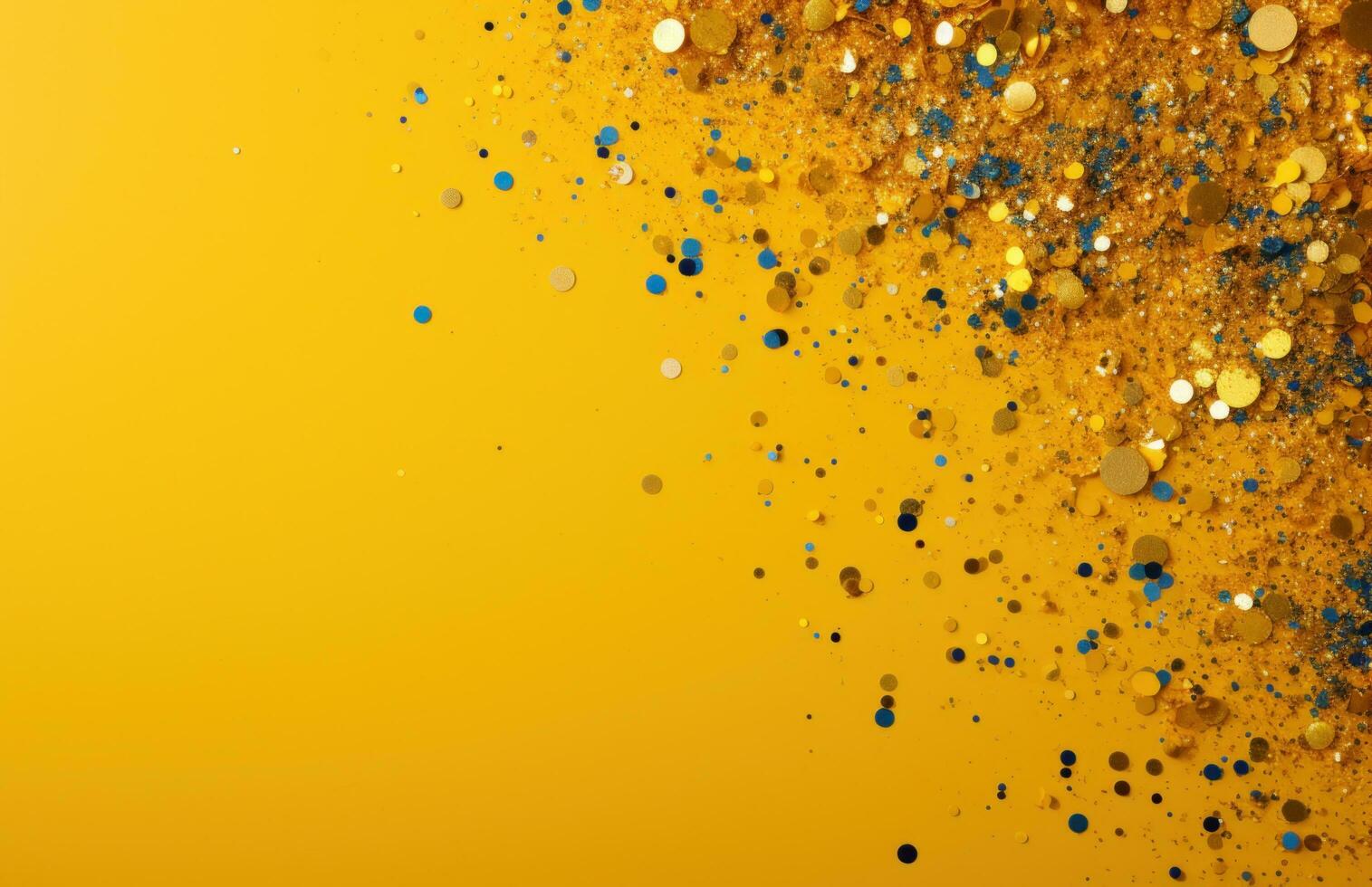 AI generated gold and colourful confetti particles on a yellow background, photo
